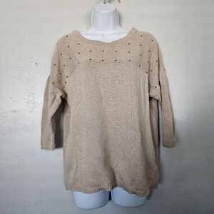 Route 66 Women's Small Beige Quarter Sleeve Sweater Gold Studded Boho Fall Shirt